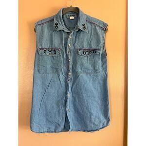 M Brown Vtg 90s Denim Sleeveless Western Shirt Embroidered Charm Snap Medium